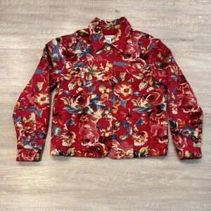 Coldwater Creek Red Floral Textured Button Front Jacket Size Medium Collared